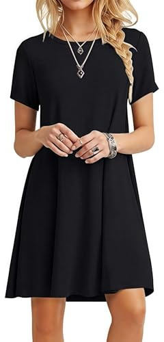 Zeagoo Damen T Shirt Kleid Leicht Knielang Sommerkleid Rundhals Kurzarm T Shirtkleid Sommer Casual Kleid mit Taschen Schwarz S