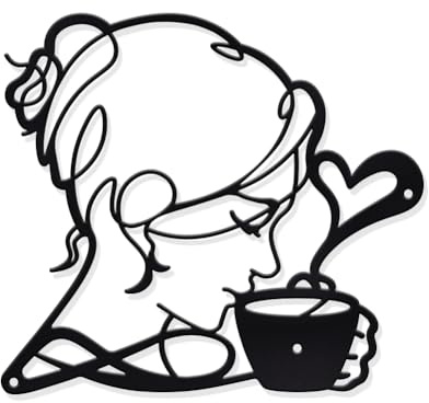 nbeads Kaffee Metall Wandkunst, 25.2x22.7cm Frau Schwarze Wanddekoration Silhouette Wandkunst Moderne Wanddekoration Hängende Dekoration für Wohnzimmer Schlafzimmer Küche Coffee Shop