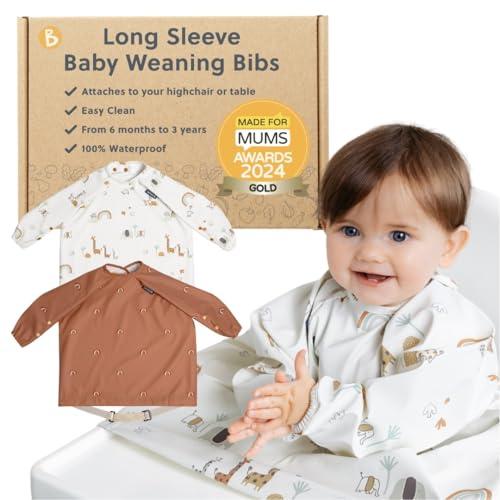 Bibado Babyhaklappar med ärmar – småbarn och baby led avvänjningshaklapp – 6-36 månader, fästs till barnstolar, barnvagnar, bord, 2-pack – jaga regnbågar och serengeti spaghetti, one size