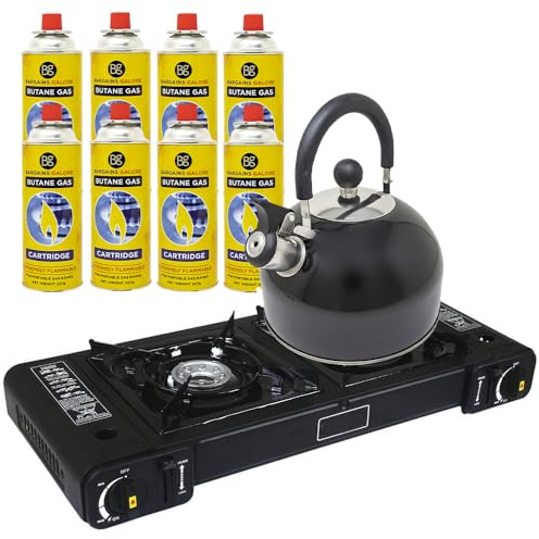3 in 1 Camping Starter Kit - Double Gas Stove, 8 Gas Bottles & 2.5l Kettle | Premium Burner, Automatic Ignition & Heat Control | Suitable for Cooking, Fishing, Camping & Hiking | Lightweight