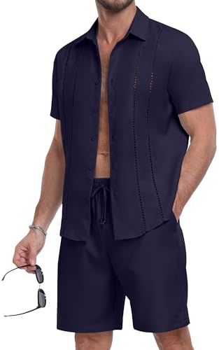 MLANM Men's 2 Piece Lapel Button Down Shirt & Shorts Set Navy XL