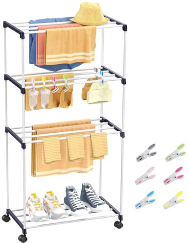 johgee Piccolo stendibiancheria, portasciugamani autoportante, a torre salvaspazio con ruote, stand asciugacapelli da interni per bagni, appartamenti e lavanderie, 4 livelli