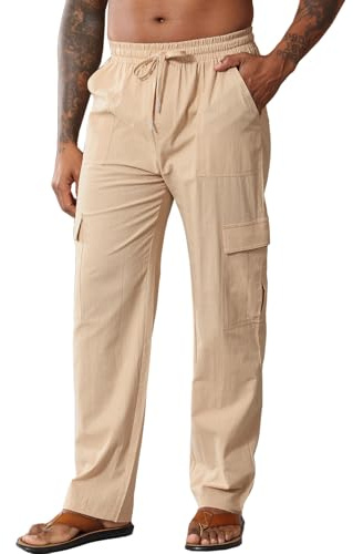 HOTIAN Pantalones largos de lino para hombre, de verano, holgados, de algodón, con cintura elástica, con cordón, caqui, S