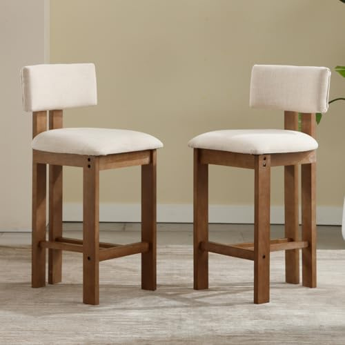 chairus Retro Wood Bar Stools Set of 2 Linen Padded Kitchen Counter Chairs with Backrest, Upholstered Breakfast Bar Stools for Pub/Home Kitchen, Beige