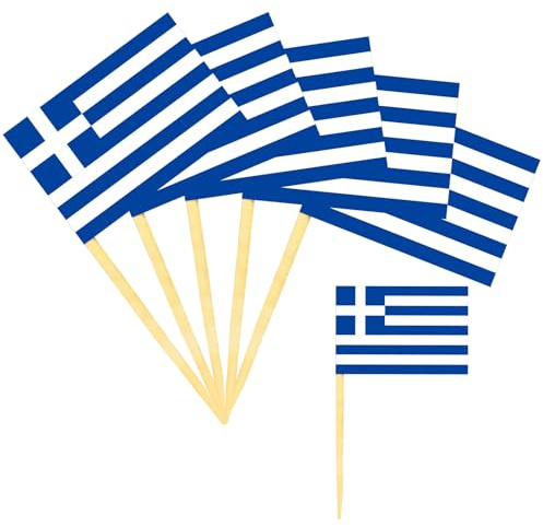 100-Stück Griechenland Flagge Zahnstocher Deko,Griechische Deko Künstlich,Zahnstocher Holz Dekoration,Greece Länder Zahnstocher Flaggen Fähnchen Kleine,Cupcake Toppers Stick für Party/Buffet/Toothpick