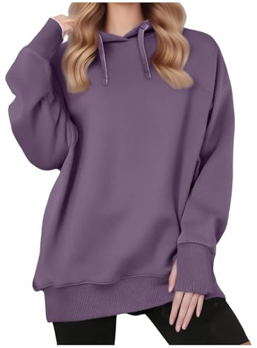 KUIH Hoodies for Women UK Casual Oversized Sweatshirt with Thumb Hole Plain Loose Hooded Pullover Sweater Fleece Lined Top Autumn Winter Jumper Ladies Longline Hoody Warm Tops Plus Size Purple