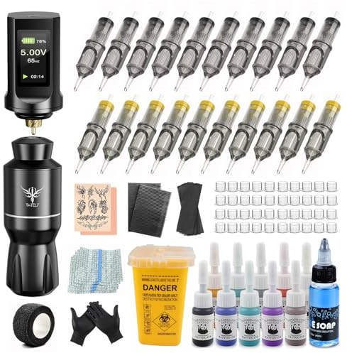 TATELF Kit Tatuaggio Super Completo Macchina Rotativa Wireless, Batteria 1900mAh, 20 Aghi Cartuccia, 10 Inchiostri Professionale, Cavi RCA - Ideale per Principianti e Artist