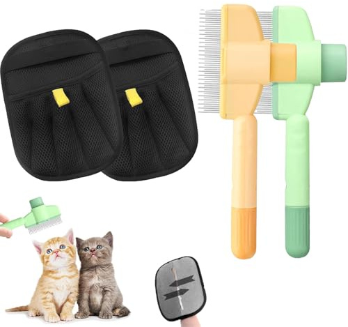 4 PCS Pet Hair Remover Glove, Includes 2 Pet Combs, Double Sided Electrostatic Pet Hair Removal Glove, Multi-Functional Grooming Gloves Brush, for Cat, Dog, Carpet, Bed, Sofa & Clothes