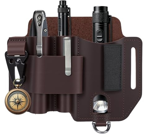 Leder Messertasche für Gürtel,Gürtelschnalle Messerscheide mit Taschenhülle, Stifthülle und Schlüsselanhänger,EDC Taschen Organizer,Geschenk für Männer
