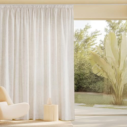 PONY DANCE Cortinas Salon Grande de Lino Semi-Translucidas,1 Panel | 300x260cm(AnxAl),Beige Claro,Visillos Dormitorio,Filtrado de Luz,Proteccion Intimidad,Separador Divisora,con Fruncidas