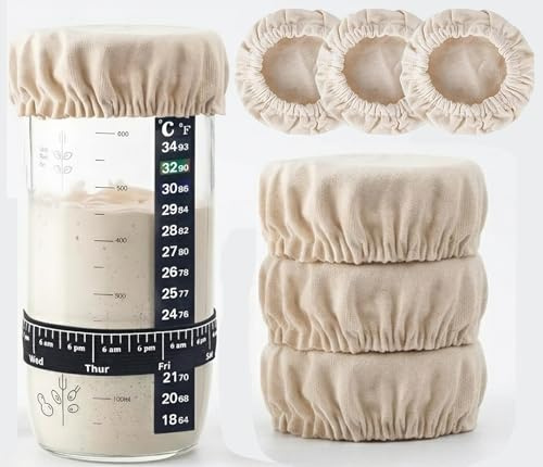 8Pcs Sourdough Starter Jar Covers Cloth Kit, 6 Reusable Linen Covers with Thermometer & Feeding Tracker, Fits 3-4 Inches Wide Mouth Glass Jars, Baker Essential Set Washable Cotton Bowl Tops Pack