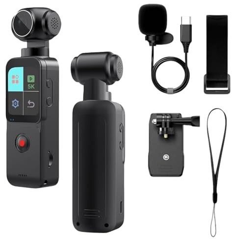 5K Vlog Kamera mit externem Mikrofon, 270° drehbare POV/Vlog/Pocket Bodycam, EIS Bildstabilisierung, WiFi App Steuerung, Clip & Gurt, inkl. 64GB Karte, Vlogging Camera für Sport, Reisen, Action