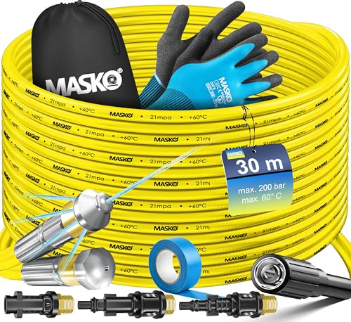 MASKO® Premium Rohrreinigungsschlauch Set Abflussreiniger 200 bar inkl. Tasche 3 Adapter 2 Düsen + rotierend kompatibel mit Kärcher k2-k7 LAVOR Hochdruckreiniger universal Rohrreinigungsset