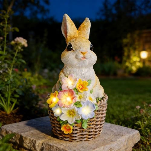 Hekasvm Hase Ostern Deko Figuren mit Solar Laterne, Wasserdicht Solarlampe Figur Osterndeko Gartendeko für Außen Balkon Terrassen, Ostern Geschenke für Frauen Mutter Oma Mädchen (I)