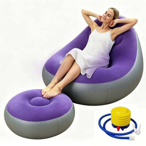 Shyllin Divano gonfiabile da campeggio con poggiapiedi, divano gonfiabile portatile floccato, poltrona gonfiabile, poltrona da piscina, airlounge, pouf da esterno, per campeggio, casa (2, viola chiaro