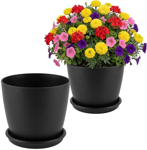 Averly Home Matte Black Flower Pot | Sturdy Plastic Plant Pots With Saucer | Versatile Planters Outdoor & Indoor | Plant Pots Outdoor For Houseplants | Pack of 2