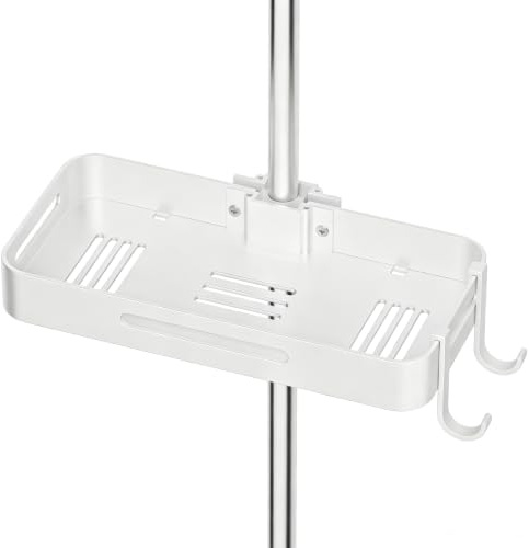 Wisfame Duschablage für Duschstange, Duschregal ohne Bohren Weiß | Passt Rundstangen 18-27mm, Aluminium, 100% Nutzfläche, rostfrei, 10kg Tragkraft, 2 Haken, mitsamt Werkzeug, abnehmbar