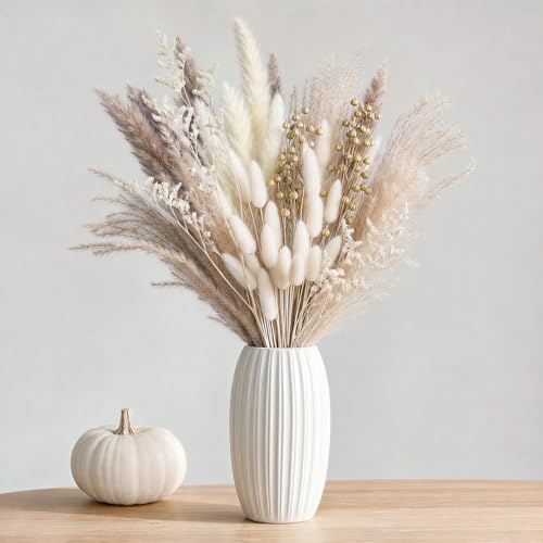 BOSONER Pampasgras Trockenblumen Boho Deko: 80-teiliges Trockenblumenstrauß Set mit natürlichen getrockneten Pampas Gras Plus Bunny-Tails für Schlafzimmer Deko und Home Decoration