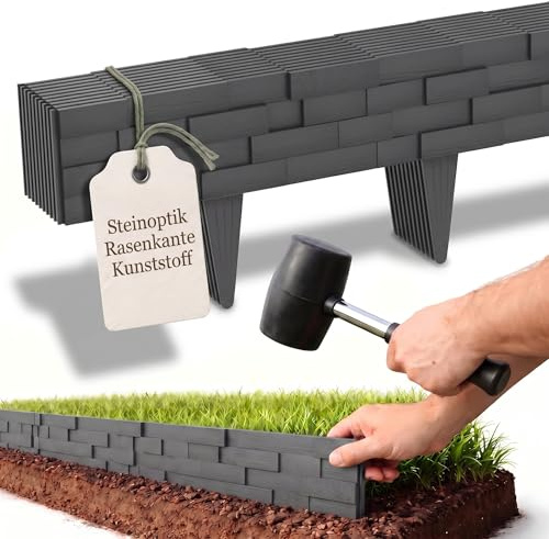 Suusolny Gartenpalisade Steinoptik 10m, Robuste Kunststoff Beetumrandung, Praktische Rasenbegrenzung Flexible Beetzaun für Außen Garten Anthrazit 10 Stück