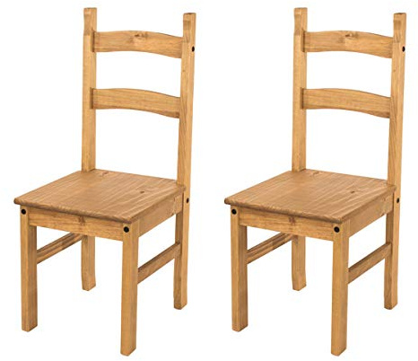 Home Source Solid Pine Wood Pair of Dining Chairs, Kitchen Dining Furniture, Waxed Finish