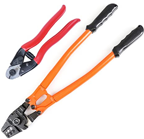 Muzata Hand Swager Crimper 14'' Wire Rope Crimping Tool for Aluminum Copper Sleeve Ferrule 1/16” 5/64” 3/32” 7/64” 1/8” Cable Railing End Fitting Terminals with Cable Cutter CT03