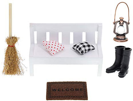 showll Miniatur Deko Mini Holzbank Regen Stiefel Kehrbesen Teppichdecke Öllampe Puppenhaus Möbel Garten Landschaft Ornament Hause DIY Dekor Geschenk