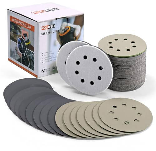 POLIWELL 120pcs 5 Inch Sanding Discs Hook & Loop 8 Holes Wet Dry 320 400 600 800 1000 2000 3000 Grit Orbital Sandpaper with 2pcs Interface Pads, Silicon Carbide Round Flocking Sandpaper