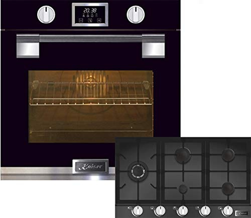 Set four Kaiser EH 6338s à encastrer, électrique, autonome, noir 79L, four pyrolyse autonettoyant + KCG 9387 plaque à gaz 90 cm en verre noir 5 Wok 3,8 kW gaz naturel ou gaz propane