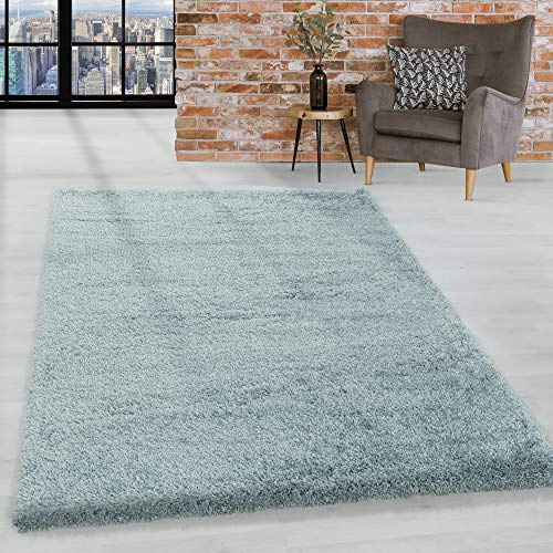HomebyHome Shaggy Hochflor Teppich Blau 140x200 cm Extra Weich & Waschbar Jute Rückseite für Fußbodenheizung, Einfarbig & Flauschig für Wohnzimmer & Schlafzimmer