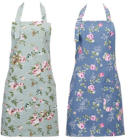 FANTESI 2 Pack Kitchen Aprons for Women, Adjustable Floral Aprons Chef Bakers Apron Cooking Apron with Big Pockets for Cooking Baking Gardening (Flowers)