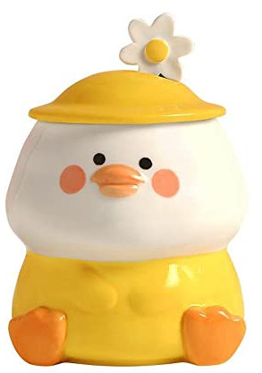 Yalucky Tasse Drôle en Forme de Canard Jaune - Jolie Tasse à Café en Céramique Avec Cuillère, Couvercle - Kawaii Au Lait en Forme d'Animal 3D Pour Femmes, Enfants, Petite Amie - Cadeau