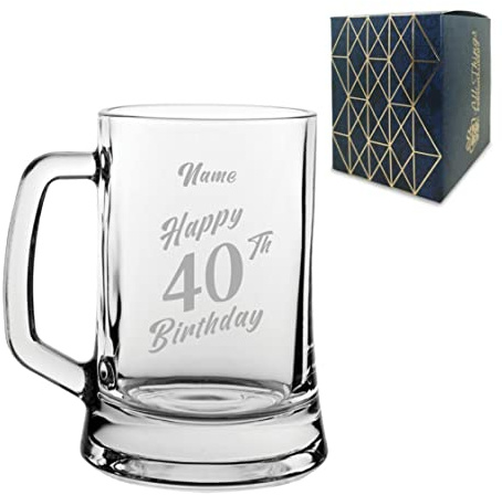 Personalised Engraved Tankard Beer Mug Stein Happy 40th Birthday Slanted Design Gift Boxed, 16.75oz/495ml Classic Beer Glass, Any Name, Engraved in The UK