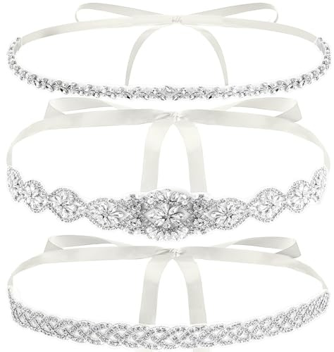 Hiceeden 3 Pieces Rhinestone Bridal Belt, Silver Crystal Bridal Sash with White Ribbon Wedding Dresses Belt for Women, Bride, Bridesmaids, Gown, Party, Prom, Beige