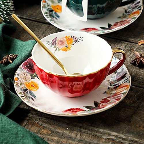 JOYOFUN Tazza da tè rossa e piattino, tazza da caffè in porcellana Royal Ceramic Floral Design foderato tazza da tè con finiture dorate e cucchiaio, tazza vintage in porcellana per latte, cappuccino,