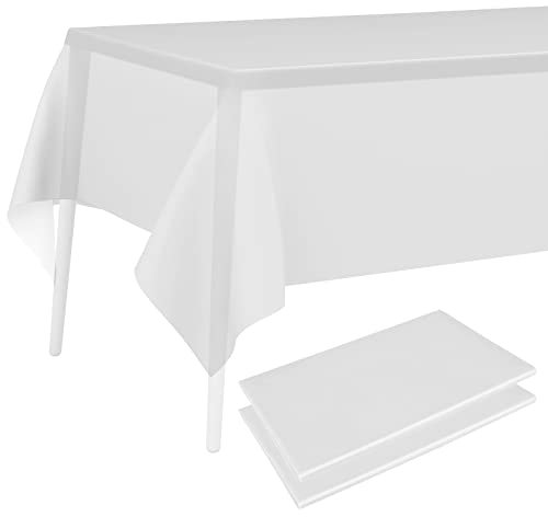 PLULON 2 Piezas Mantel Blanco Cubierta de Mesa de plástico 137 x 274 cm Cubierta de Mesa Rectangular para Baby Shower Suministros Fiestas Boda Cumpleaños Fiesta Navidad Decoraciones Mesa Hogar