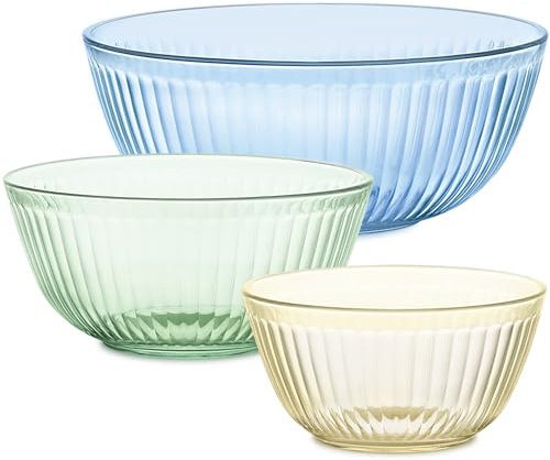 Pyrex Colors Tinted 3-PC, Unlidded Small/Medium/Large Glass Mixing Bowls, Nesting Space Saving Set of Bowls For Prepping and Baking, 1.3QT, 2.3QT & 4.5QT