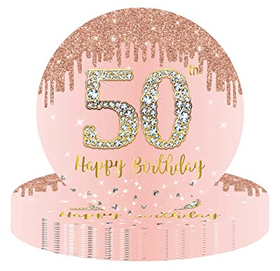 YAAVAAW Lot de 16 assiettes en carton jetables pour 50e anniversaire - 22,9 cm - Or rose - Décorations pour femme