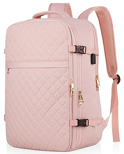MOMUVO Stor reseryggsäck kvinnor, flyggodkänd handbagage, vattentålig stöldsäker stor ledig dagväska passar 17 tums bärbar dator med USB-laddningsport, rosa