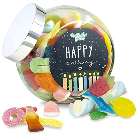 Happy Birthday – bunt gefülltes Schräghalsglas mit leckeren Süßigkeiten, tolle Geschenkidee für Geburtstagskinder