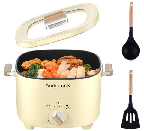 Audecook Poêle à frire électrique, poêle antiadhésive en céramique améliorée de, poêle à ramen électrique pour steak, œufs, riz frit (H (beige / 2.5l sans vapeur))