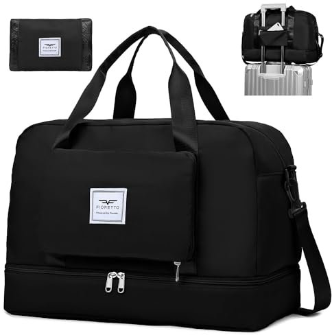 FIORETTO Faltbare Damen-Reisetasche, Wochenend-Krankenhaus-Übernachtungstasche mit Schuhfach und Nassfach, Wasserabweisende Sporttasche Handgepäcktasche Schwarz