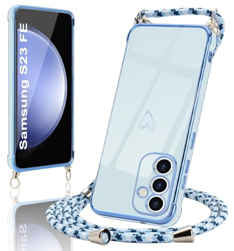 Micoden Handykette für Samsung Galaxy S23 FE Hülle mit Band, Necklace Handyhülle Kameraschutz Herz Love Design Galvanik Silikon TPU Case Kordel zum Umhängen Schutzhülle für Samsung S23 FE,Blau