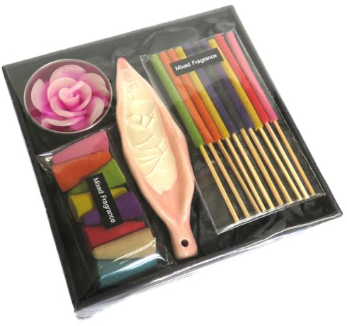 Incense Gift Set Containing Incense Cones, Short Mixed Incense sticks, Tea Light and Ash Catcher
