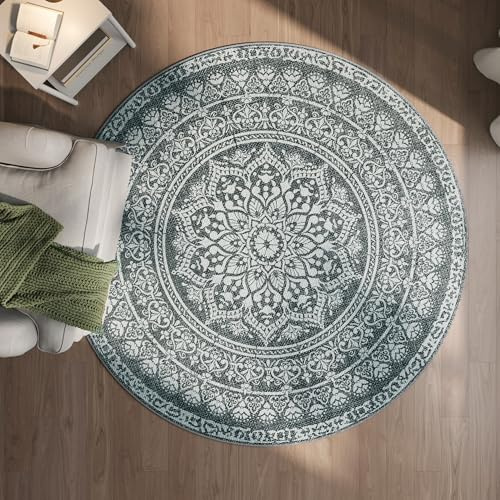 SONGMICS Teppich rund, Outdoor Teppich, Boho, 160 cm d, waschbar, rutschfest, Floral Vintage, für Wohnzimmer, Esszimmer, Schlafzimmer, Optik, Garten, Terrasse, Balkon, anthrazitgrau TAR052G02