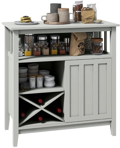 HOMCOM Meuble de Rangement Buffet Cuisine avec étagère réglable Range Bouteille, Porte coulissante, 2 rangées Porte-Verre et Niche Ouverte 80L x 40l x 82H cm Gris