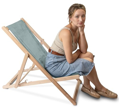 DreamRoots Liegestuhl Holz Klappbar Cord-Gewebe aus Buchenholz, bis 130 kg belastbar, 3-Fach verstellbare Rückenlehne für Garten oder Terrasse