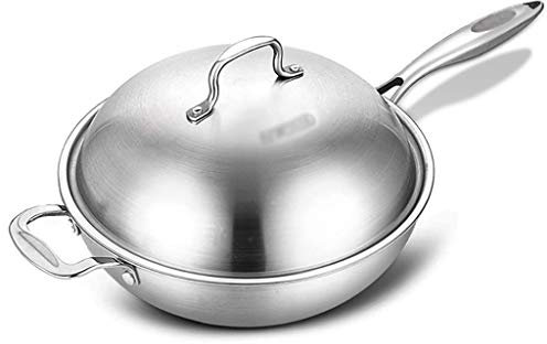 OQHAIR Wok per induzione Wok in Acciaio Inox 304 Non Rivestita Padella Antiaderente Senza fumi Wok Fornelli a Gas Piano Cottura a induzione Pentola Universale in Acciaio Composito