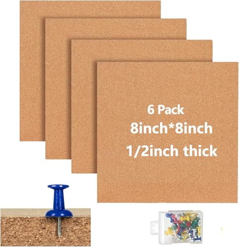 Cork Bulletin Square Board Tiles - 8 x 8 1/2 Thick, 6Pack Self-Adhesive Mini Corkboards for Home Office Decor, School Message Board (20 * 20cm)