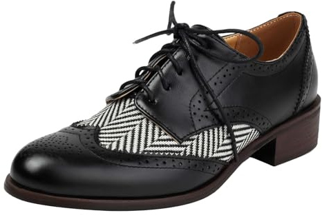 rismart Mujeres Clásico Cordones Puntas de Alas Tacón Grueso Contrastante Oxfords Zapatos de Vestir