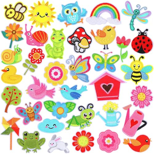 AUGSUN 36 toppe termoadesive con fiori primaverili a forma di farfalla, animali da giardino, ricamate, per riparazioni, fai da te, artigianato, abbigliamento, giacche, jeans, pantaloni, vestiti,